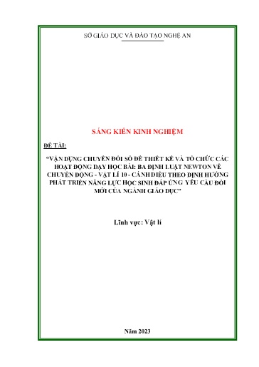 SKKN Vận dụng chuyển đổi số để thiết kế và tổ chức các hoạt động dạy học bài Ba định luật Newton về chuyển động - Vật lí 10 (Cánh Diều) theo định hướng phát triển năng lực học sinh đáp ứng yêu cầu đổi mới của ngành giáo