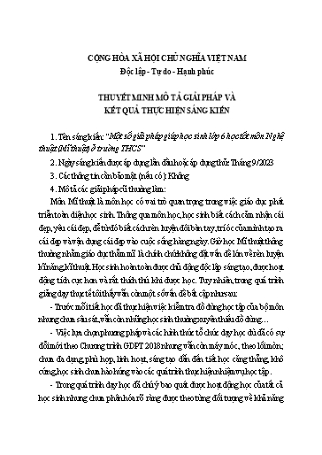 Sáng kiến kinh nghiệm Một số giải pháp giúp học sinh Lớp 6 học tốt môn Nghệ thuật (Mĩ thuật) ở trường THCS, bộ sách Cánh diều