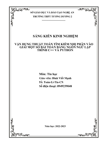 Sáng kiến kinh nghiệm Vận dụng thuật toán tìm kiếm nhị phân vào giải một số bài toán bằng ngôn ngữ lập trình C++ và Python