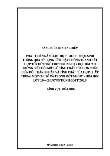 SKKN Phát triển năng lực hợp tác cho học sinh thông qua sử dụng kĩ thuật phòng tranh kết hợp tổ chức trò chơi trong dạy học bài “Xu hướng biến đổi một số tính chất của đơn chất, biến đổi thành phần và tính chất của hợp chất trong một chu kì và trong một n