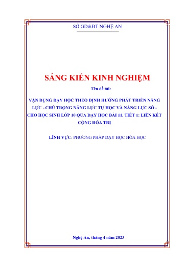 SKKN Vận dụng dạy học theo định hướng phát triển năng lực - Chú trọng năng lực tự học và năng lực số - Cho học sinh Lớp 10 qua dạy học Bài 11, tiết 1: Liên kết cộng hóa trị” (Hóa Học 10, Cánh Diều chương trình GDPT 2018)