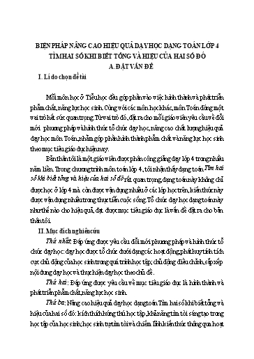 Sáng kiến kinh nghiệm Biện pháp nâng cao hiệu quả dạy học dạng Toán Lớp 4 tìm hai số khi biết tổng và hiệu của hai số đó