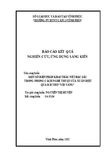 Sáng kiến kinh nghiệm Một số biện pháp khai thác nét đặc sắc trong phong cách nghệ thuật của Xuân Diệu qua bài thơ “Vội vàng”