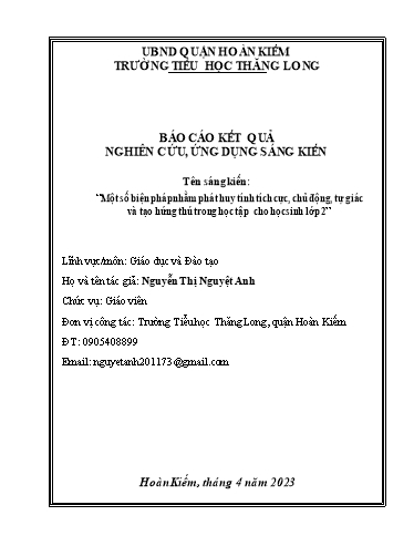 Sáng kiến kinh nghiệm Một số biện pháp nhằm phát huy tính tích cực, chủ động, tự giác và tạo hứng thú trong học tập cho học sinh Lớp 2