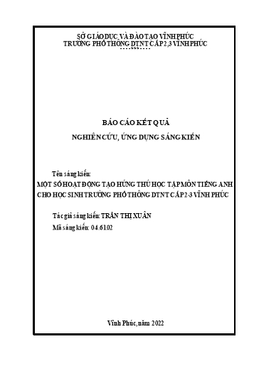 Sáng kiến kinh nghiệm Một số hoạt động tạo hứng thú học tập môn Tiếng Anh cho học sinh Trường Phổ thông DTNT cấp 2-3 Vĩnh Phúc